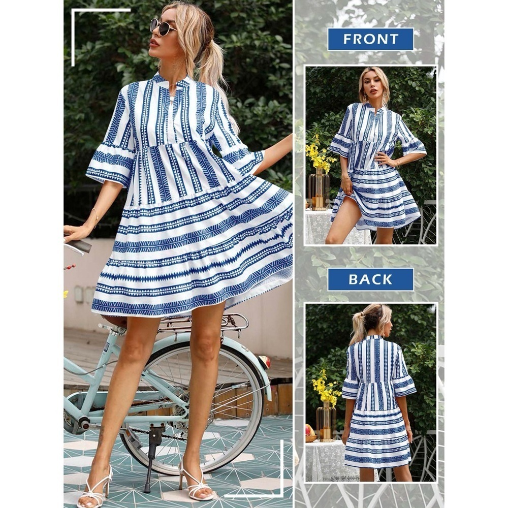 Mlle Gabrielle Aztec Notch Neck Tiered Midi Dress - Blue-3X